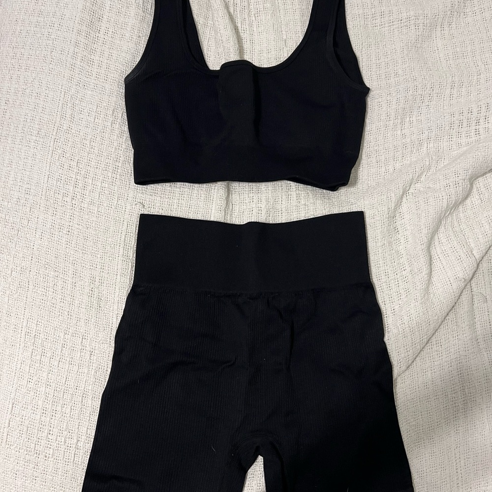 Black Ribbed Sports Bra and Shorts Set